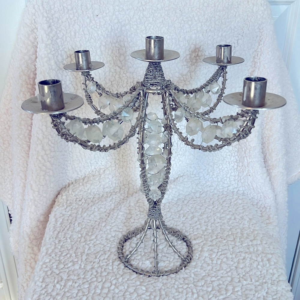 Antique Silver/Crystal 4 Candle Candelabra. This  centerpiece makes a statement!